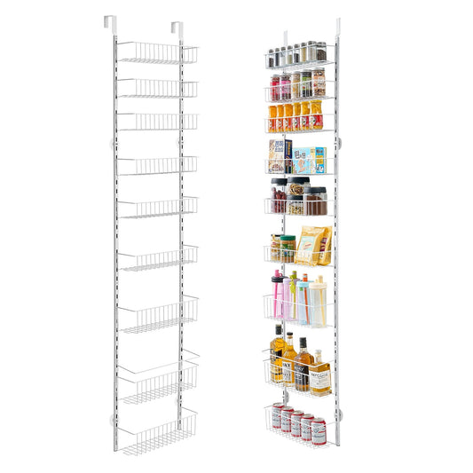 9-Tier Over-The-Door Pantry Organizer – Heavy-Duty Steel Hanging Spice Rack with Adjustable Shelves for Kitchen, Pantry, Laundry Room or Bathroom, White
